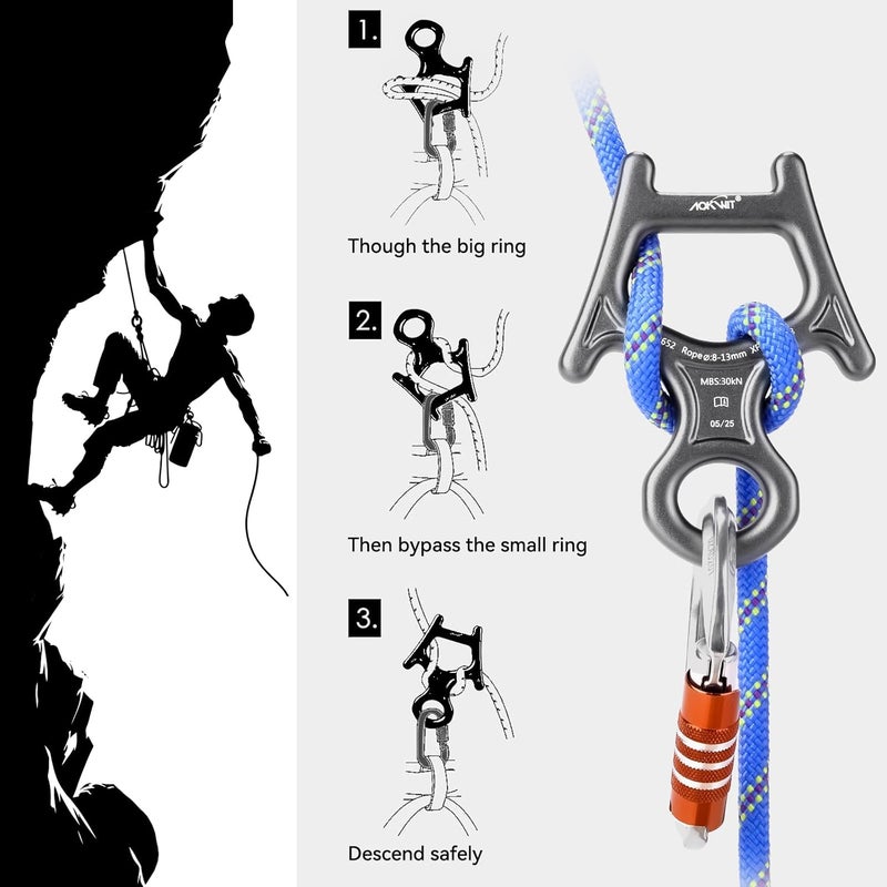 AOKWIT 30kN Figure 8 Descender 7075 Aluminum Alloy Heavy Duty Belaying and Rappelling Device Tree Climbing Gear for Rock Climbing Mountaineering Arborist Caving Rescue Aerial Work Yoga 8-12mm Ropes - Image 4